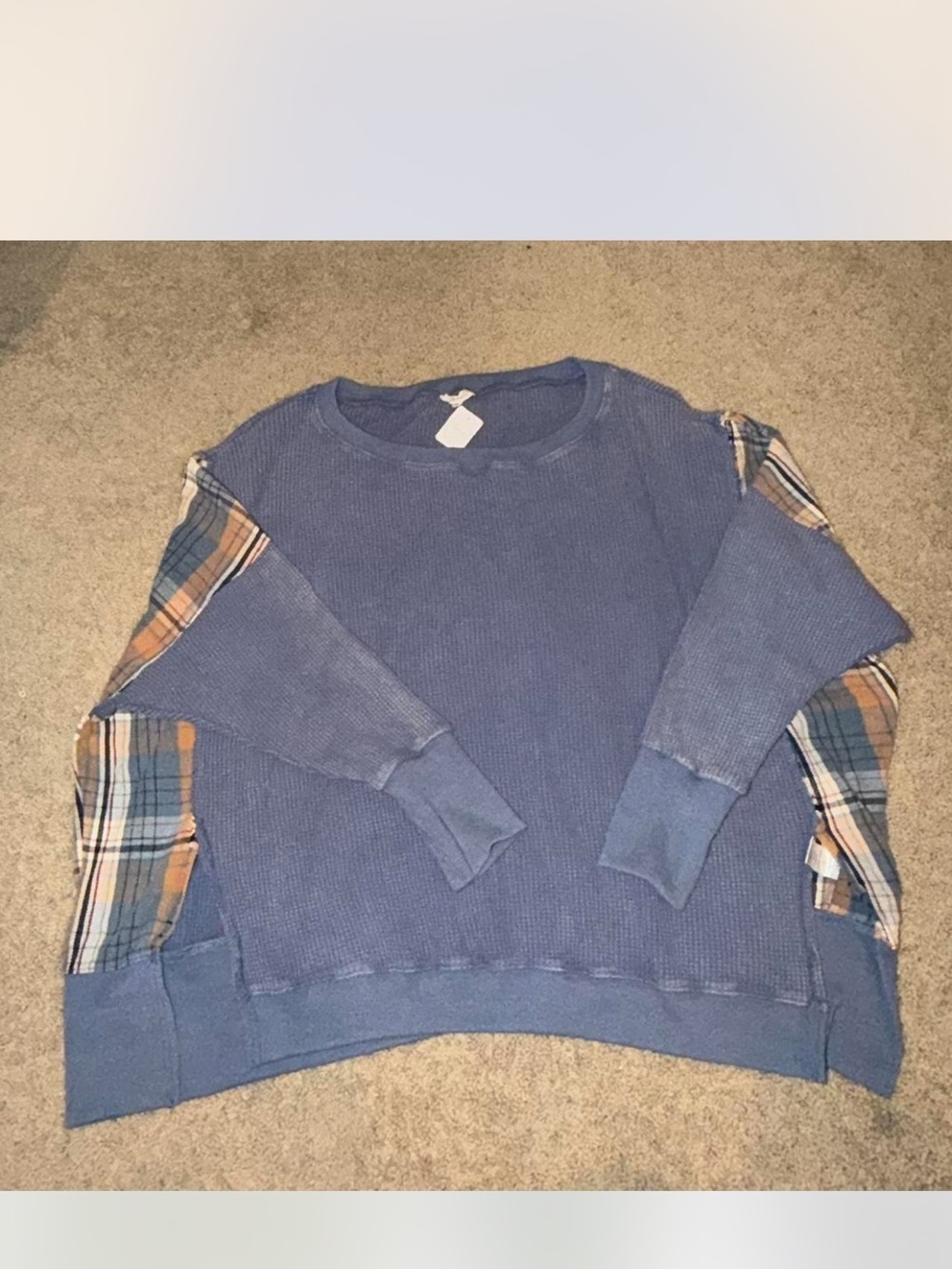 Oli and Hali Washed Mixed Plaid Long Sleeve Pullover Top - Blue